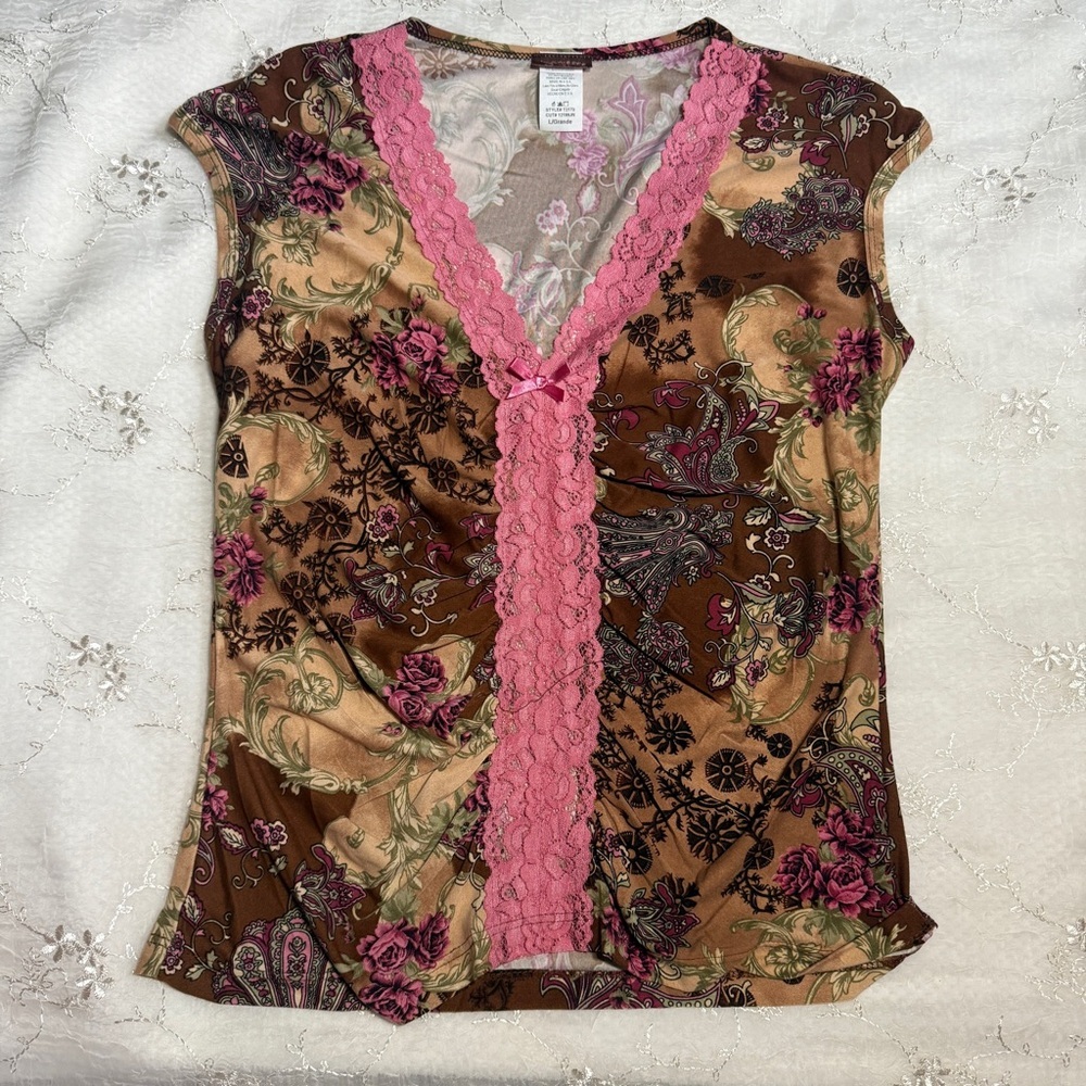 Vintage Y2K Fall Floral & Pink Lace Trim Top – Size Medium, Made in USA